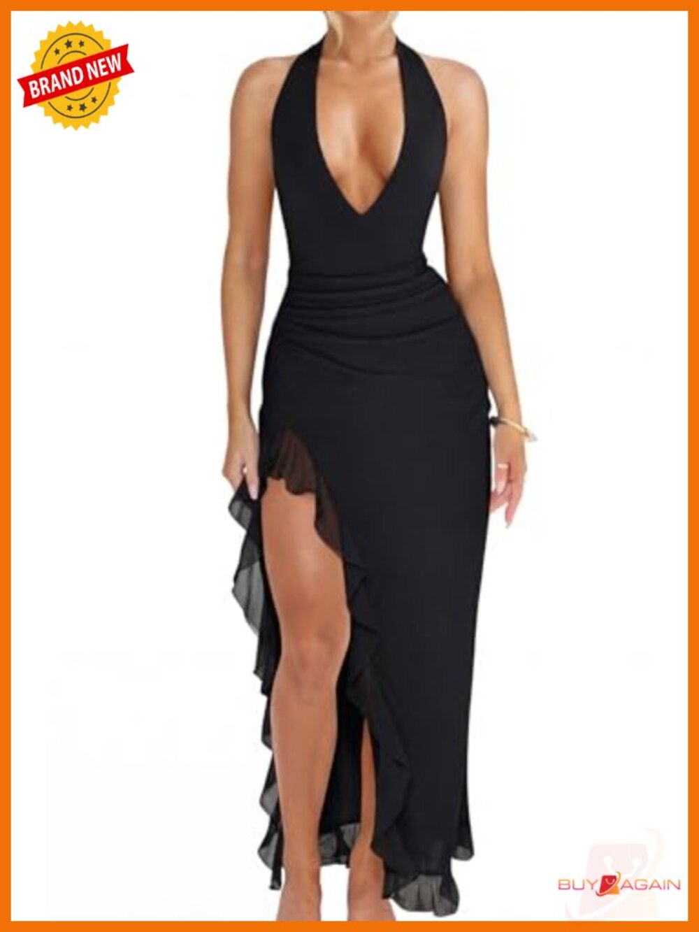Sexy Deep V-Neck High Split Backless Mesh Ruffle Maxi Dress